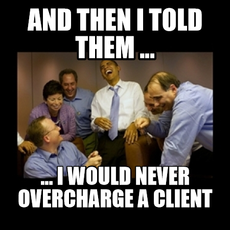 a group of man laughing because they lied about not overcharging services.